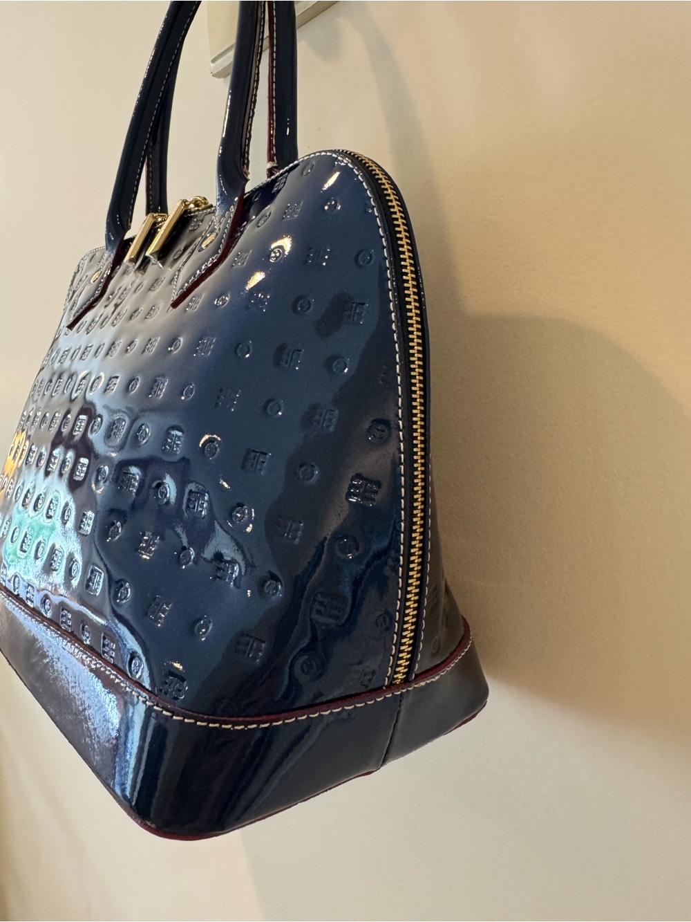 Arcadia Navy Patent Dome Satchel with Gold Hardware - Picture 3 of 13